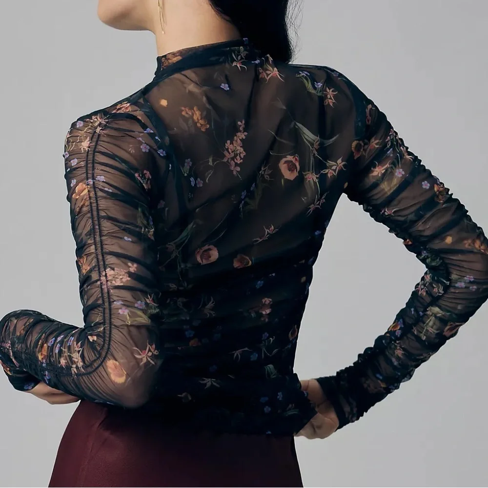 🖤 Maeve by Anthropologie Floral Sheer Mesh Long Sleeve Top | Size L - Picture 3 of 10